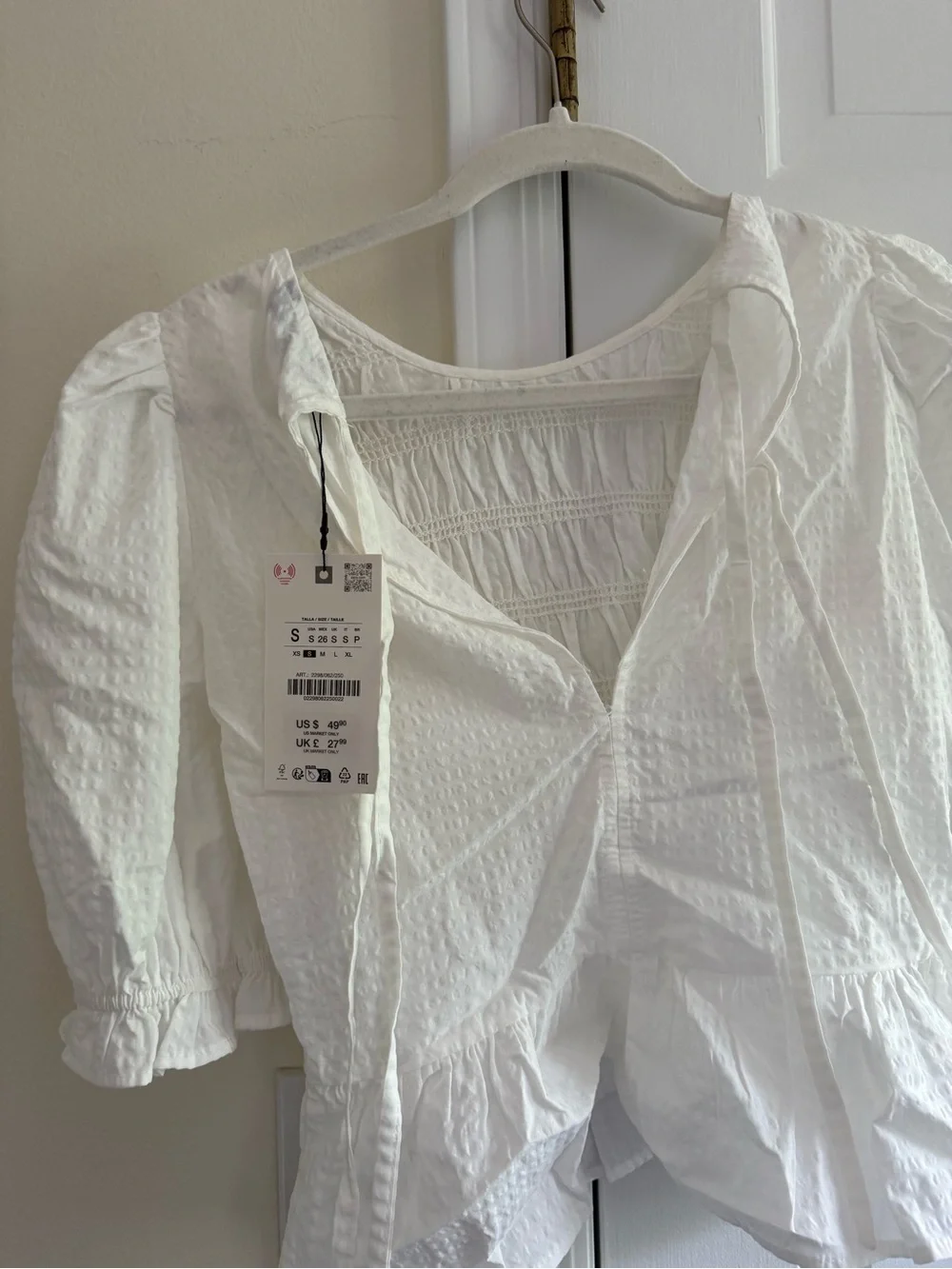 Zara White Smocked Peplum Blouse with Puff Sleeves